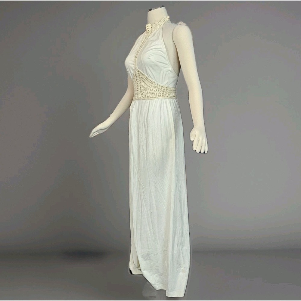 Vintage 1970s Dress Maxi Floor Length Cream Colored Crochet Neckline Inserts - Picture 2 of 15